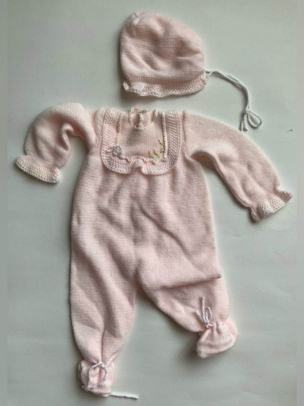 Vintage 80s Soft Knit Pink Baby One-Piece with Matching Hat